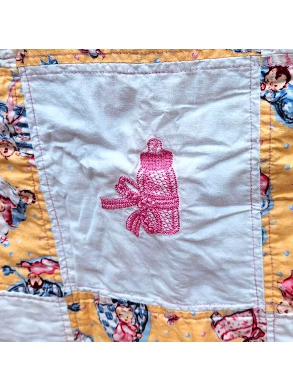 Vintage Baby Quilt Girl Pink Yellow Cotton Machine Embroidery 42x39